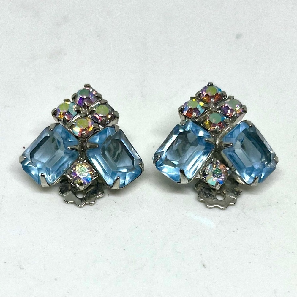 Vintage Blue & Aurora Borealis Cluster Clip on Earrings
